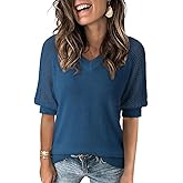 Dokotoo Women's Casual Short Sleeve Loose Crochet Tunic Tops Lightweight Knit Pullover Sweater Blouses