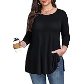 LARACE 3/4 Length Sleeve Womens Plus Size Tops Crew Neck Casual Tunic Tops Split Shirts Dressy