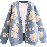 Chevara Women’s Cute Bear Knitted Cardigan Long Sleeve Button Up Fuzzy Bear Cardigans Sweaters