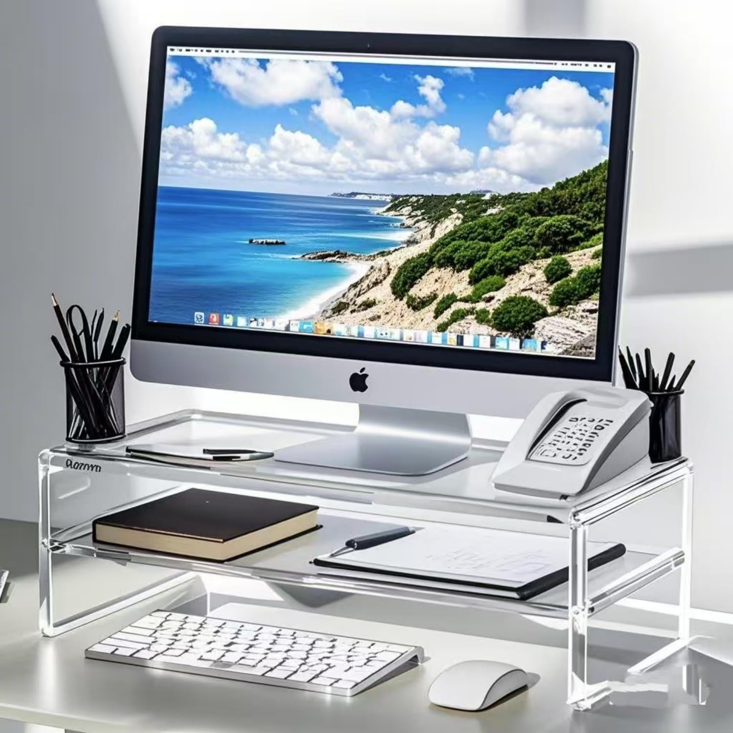Photo 1 of Wymexen Acrylic Monitor Stand - 16/20 inch 2 Tier Riser for iMac, PC, Desktop, Laptop, TV with Storage Shelf, Home Office Desk Organizer (20in)