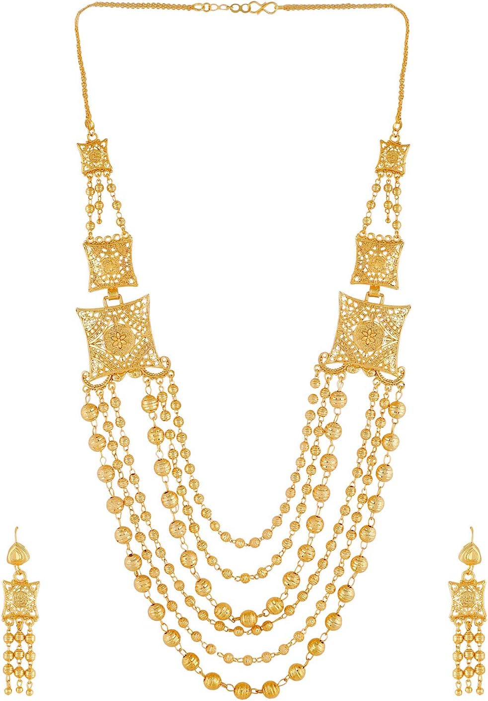 Manikya Bridal Collection Gold Brass Traditional Long Haram Necklace Jewellery Set with Matching Earrings for Women