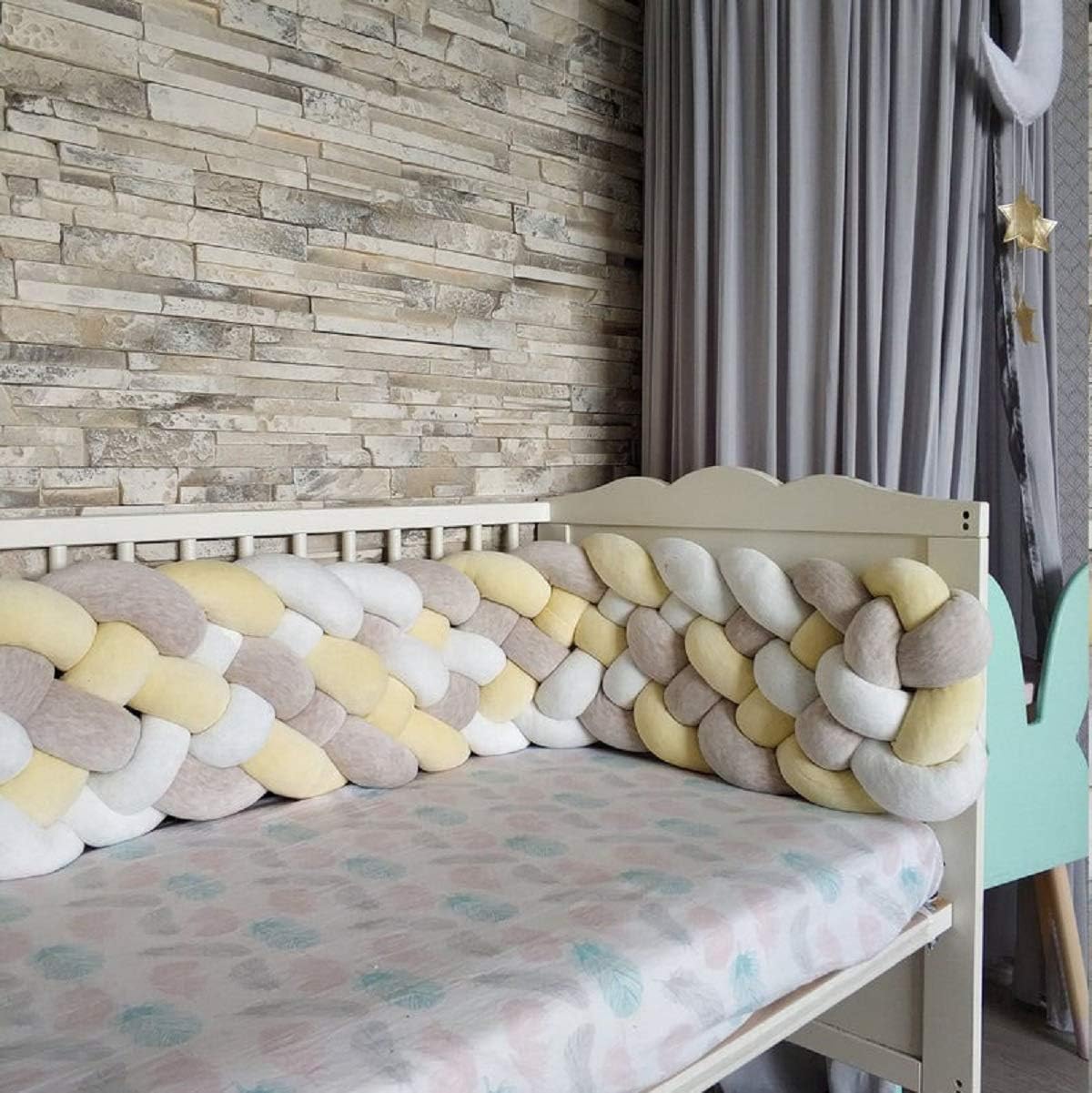 Baby Crib Bumper Knotted Braided Bumper Handmade Soft Knot Pillow Nursery Cradle Decor Newborn Gift Crib Protector 6 Strands Yellow+White+Grey 118inch