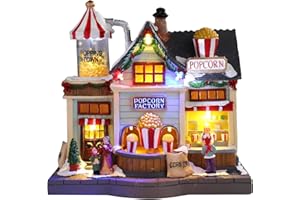 Chonsun Christmas Village 8.7 Inch Popcorn Shop with LED Lights Resin Village Houses Holiday Music with USB/3AA Batteries Rendering Atmosphere Christmas Decorations