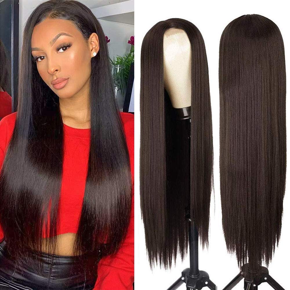 PORSMEER Natural Looking Wig Glueless Lace Hair Line Long Synthetic Heat Resistant Hair Wigs for Women Ladies Silky Straght Middle Parting Wig,26 Inch Dark Brown