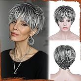 SOFEIYAN Pixie Cut Wig - Short Gray Wig with Bangs Layered Pixie Haircut Synthetic Hair Wigs for Women Soft Glueless Heat Resistant Natural Looking Grey Wigs for Daily Party Use Black Ombre Gray
