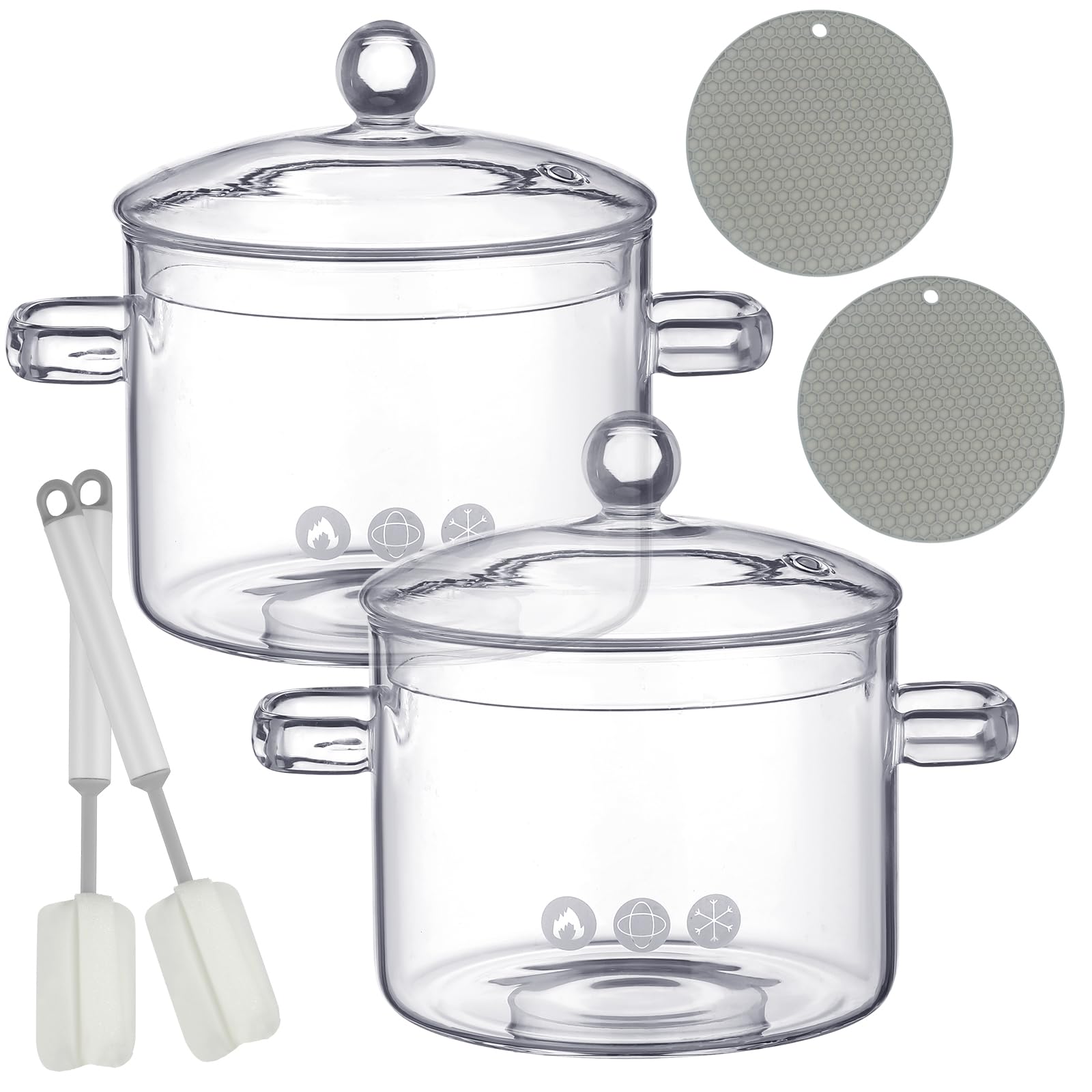 Photo 1 of Tioncy 2 Pcs Clear Glass Pots for Cooking on Stove 1.3 L 44 oz Glass Saucepan with Lid Handle Simmer Pot Handmade Cookware Borosilicate Cooking Pot with Brushes and Silicone Mats(Modern)