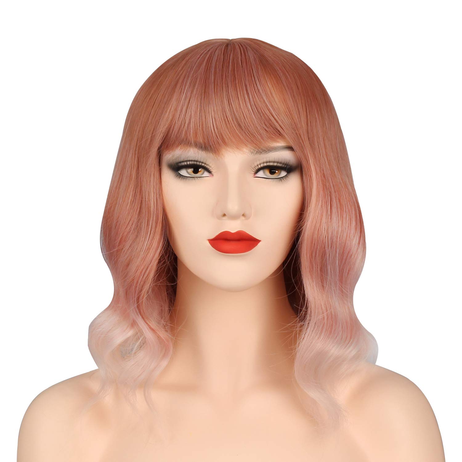 OKVGO Short Curly Bob Wig with Wig Cap for Women Cosplay Party and Daily Use Pink Gradient