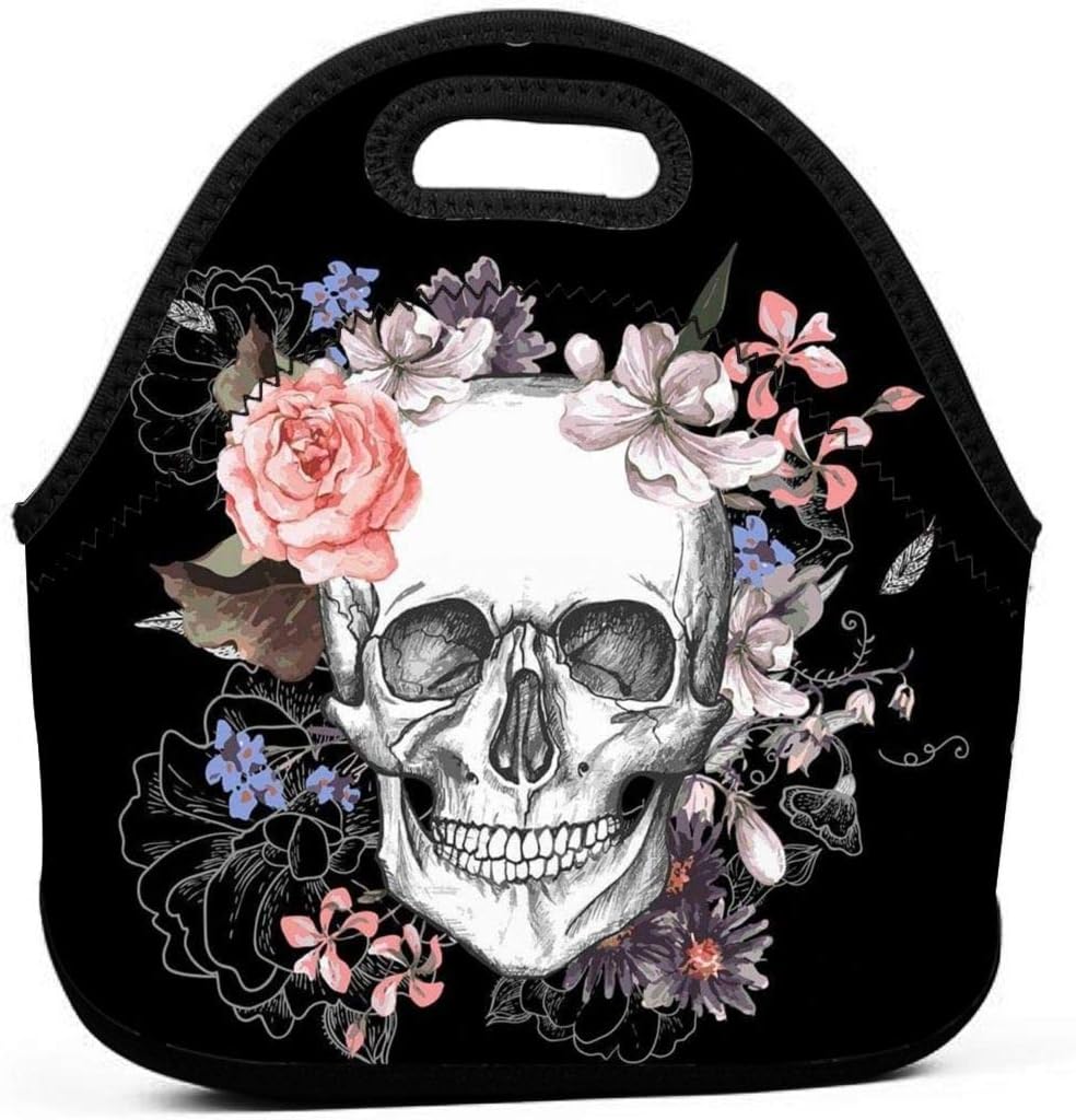 Pink Floral Sugar Skull Flower Insulated Neoprene Lunch Bag Tote Handbag lunchbox Food Container Gourmet Tote Cooler warm Pouch For School work Office