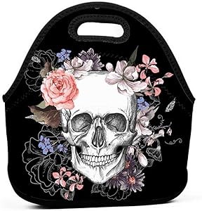 Pink Floral Sugar Skull Flower Insulated Neoprene Lunch Bag Tote Handbag lunchbox Food Container Gourmet Tote Cooler warm Pouch For School work Office