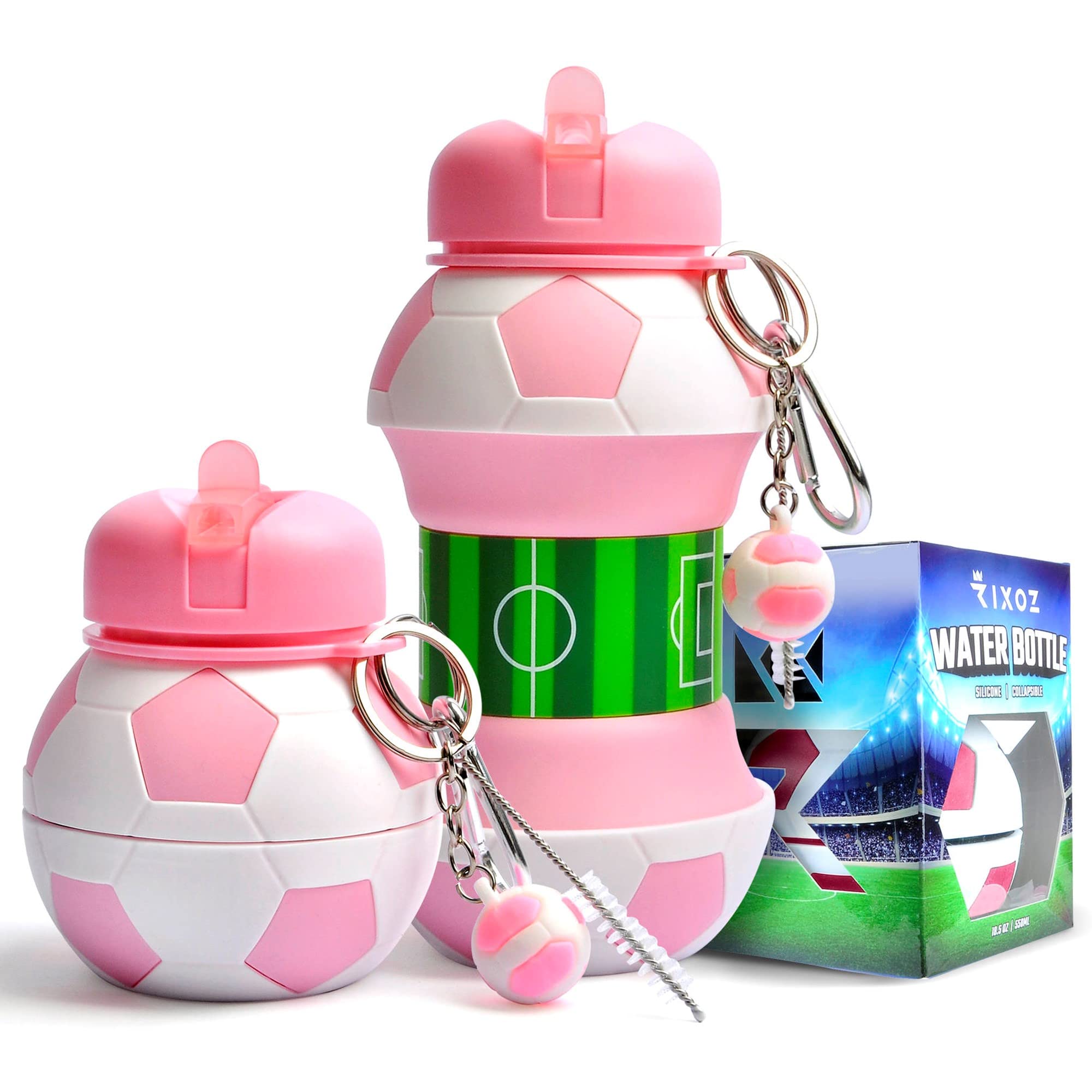 RIXOZ Pink Collapsible 550ml Silicone Water Bottle With Football Keyring For Kids