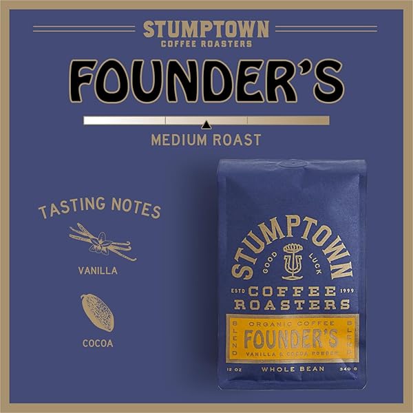 STUMPTOWN COFFEE ROASTERS, MEDIUM ROAST ORGANIC WHOLE BEAN COFFEE – FOUNDER’S BLEND BAG WITH FLAVOR NOTES OF VANILLA AND COCOA POWDER, 12 OUNCE (PACK OF 1)