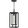 Hinkley Republic Medium Hanging Outdoor Lantern, Composite, Clear Seedy Glass Panes, Anti-Fading Finish, Black Finish