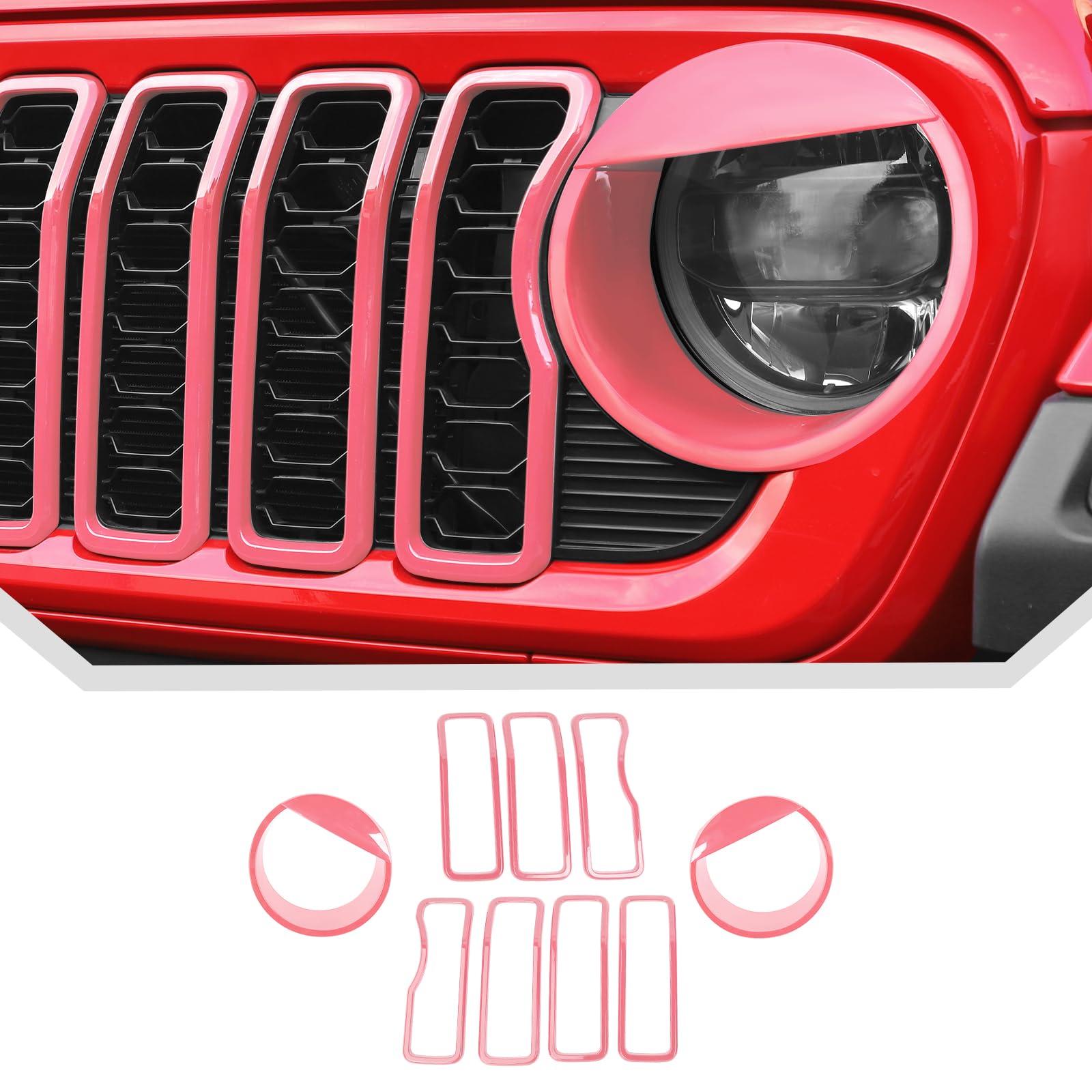 Photo 1 of JeCar 9pcs Pink Angry Bird Style Headlight Covers & Grill Inserts Trim Kit for 2024 2025+ Jeep Wrangler JL JLU Gladiator JT