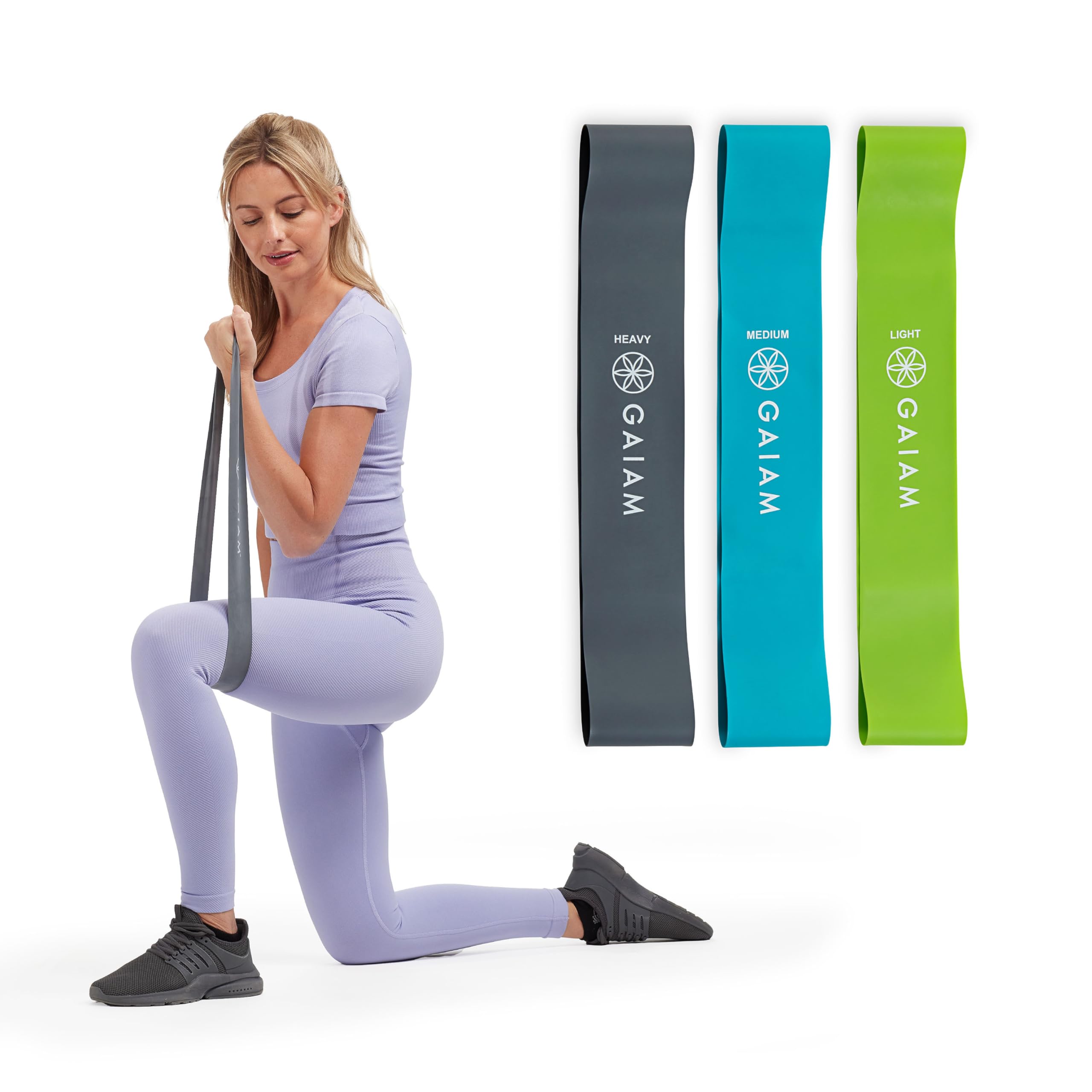 Photo 1 of Gaiam Restore Mini Band Kit, Set of 3, Light, Medium, Heavy Lower Body Loop Resistance Bands for Legs and Booty Exercises & Workouts, 12" x 2" Bands