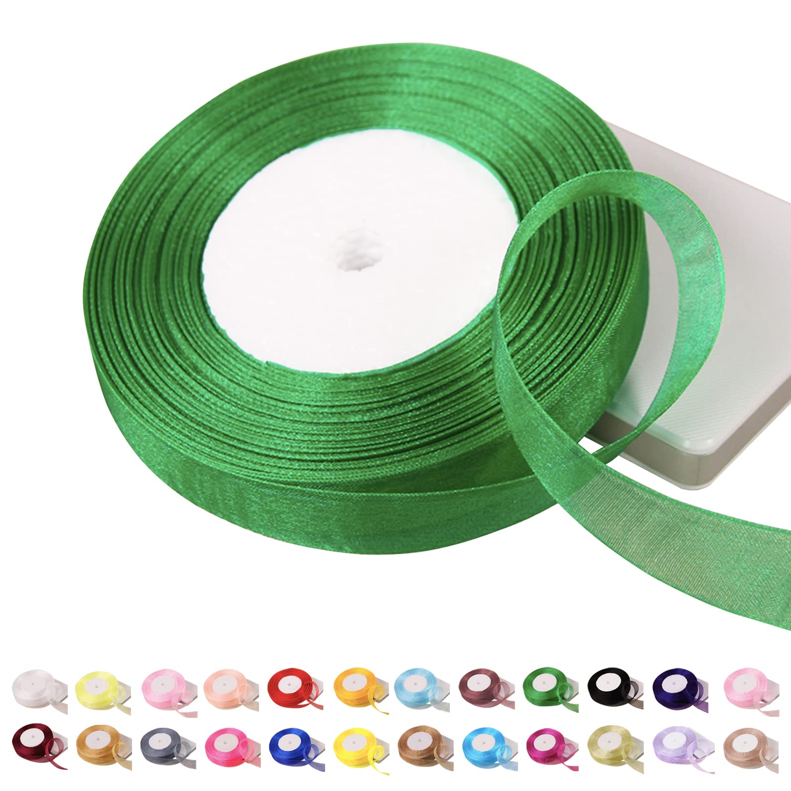 POPOYU 45m Green Organza Ribbon 15mm,Organza Chiffon Ribbon,Clear Chiffon Ribbon St Patrick Day Ribbon Hair Ribbon Gift Wrap Ribbon Organza for Crafting,Making Wreath,Hair Bows,Gift Wrapping,Wedding
