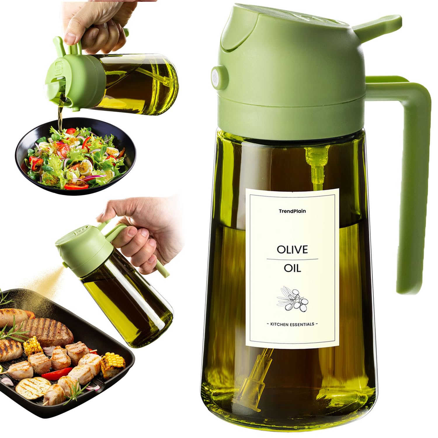 Photo 1 of TrendPlain - Original 16oz/470ml Olive Oil Dispenser Bottle for Kitchen Gadgets and Air Fryer Accessories - Olive Oil Sprayer for Cooking w/Stickers - Green