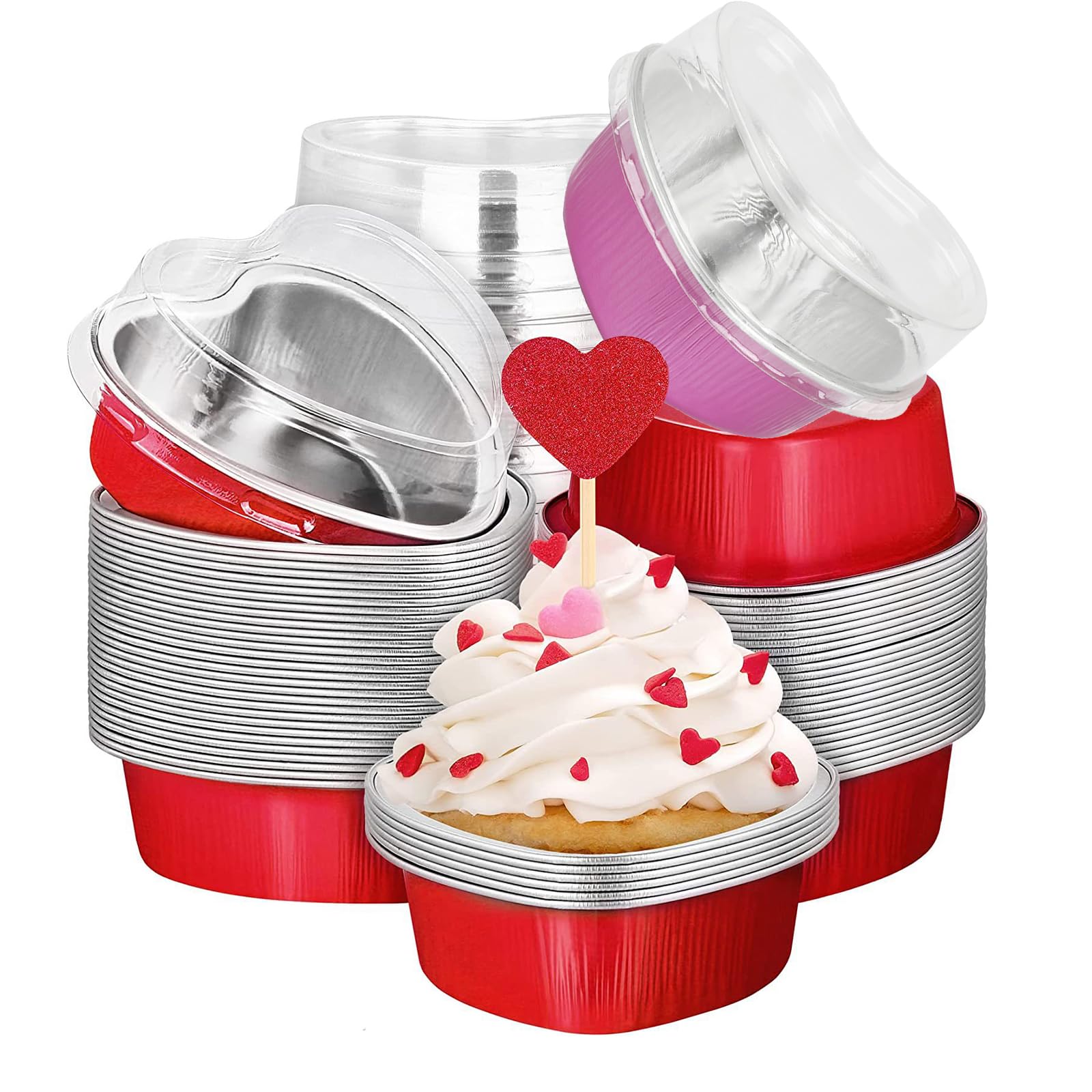 50Pcs Mini Heart Cake Tin, Cupcake Cases with Lid Aluminium Foil Cake Pan Heart, Dessert Baking Cups Reusable Foil Cake Cups, Cupcake Cup Cases 3.5 Ounces for Home BBQ Wedding Party