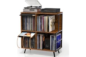 FAESUN 3 Tier Record Player Stand, Flip Top Record Player Cabinet, Mid Century Record Player Table with Shelves Holds up to 300+ Albums, Vinyl Record Storage with 4 U-Dividers for Living Room Bedroom, Brown