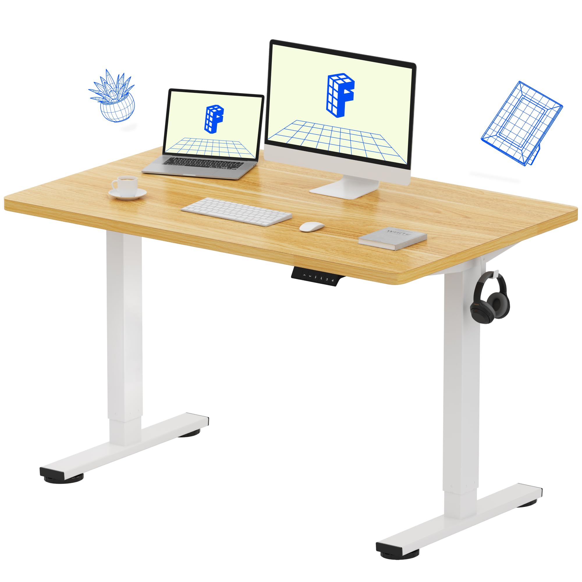 FLEXISPOT EN1 One-Piece Standing Desk 48 x 30 Inch Electric Height Adjustable Desk for Home Office and Computer Workstation (White Frame + Maple Top, 2 Packages)