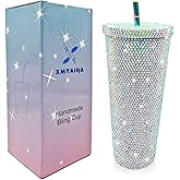 XMYAINA 26oz Bling Cup Diamond Studded Tumbler Glitter Water Bottle with Lid and Straws Stainless Steel Vacuum Insulated Coffee Ice Cup Gift for Women (Aurora White)