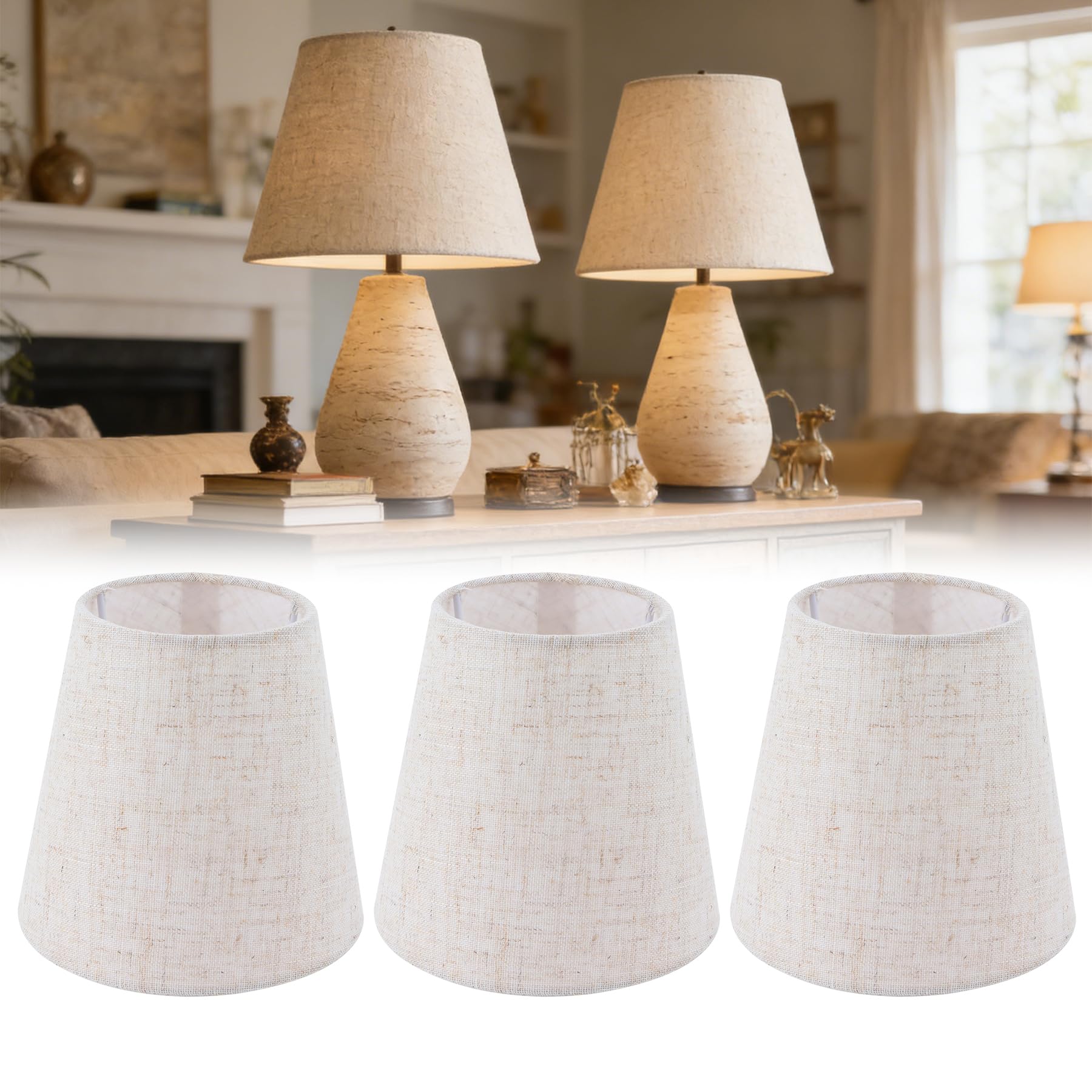 GAESHOW 3 Pcs Linen Lampshade, Small Lampshade for Ceiling Lights, Fabric Lampshade Clip On E14 Bulbs for Beiside Table Wall Lamp Crystal for Table Lamp, and Floor Light, Ceiling Lights