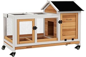 PawHut Indoor Rabbit Hutch with Wheels, Bunny Cage with Ramp, Run, Pull Out Tray, Suitable for Rabbit, Guinea Pig, Yellow