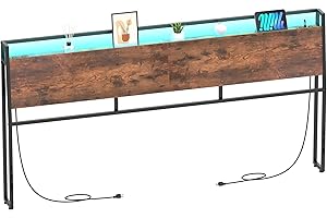 GiftGo King Size Headboard Ergonomic Headboard with 4 Outlets and 4 USB Ports LED Light Adjustable Height Storage Rack Sturdy and Stable Metal Frame & Wood Shelf Easy Assembly (Brown, King)