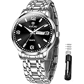 Taxau Men’s Dress Watches Waterproof Analog Quartz Watch with Day Date Stainless Steel Band Luxury Large Arabic Numerals Classic Luminous Hands Easy Read, Hidden Butterfly Clasp Relojes para Hombres