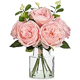Hollyone Real Touch Peonies Artificial Flowers Arrangements in Vase Pink Fake Peonies with Glass Vase Silk David Austin Roses Faux Flowers with Faux Water Bouquet Table Floral Centerpiece Home Decor