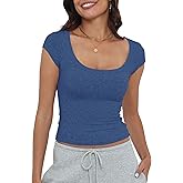 Artfish Women's Short Sleeve T-Shirts Low Scoop Neck Slim Fitted Ribbed Knit Casual Longer Crop Top