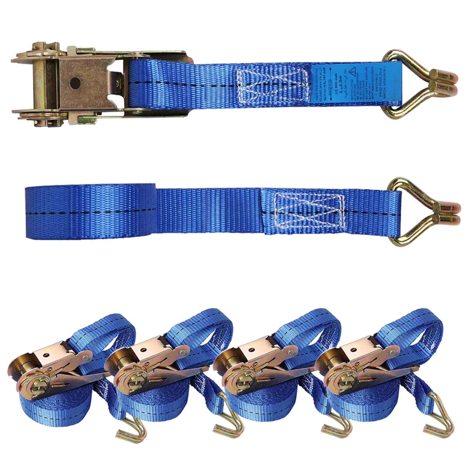 JAKAGO Ratchet Straps With J Hooks, 4 x 800 kg x 4m Heavy Duty Ratchet Strap 25 mm Wide 800KG Break Strength, Adjustable Tie Down Straps for Vans Luggage Cargo Motorcycle (Blue)
