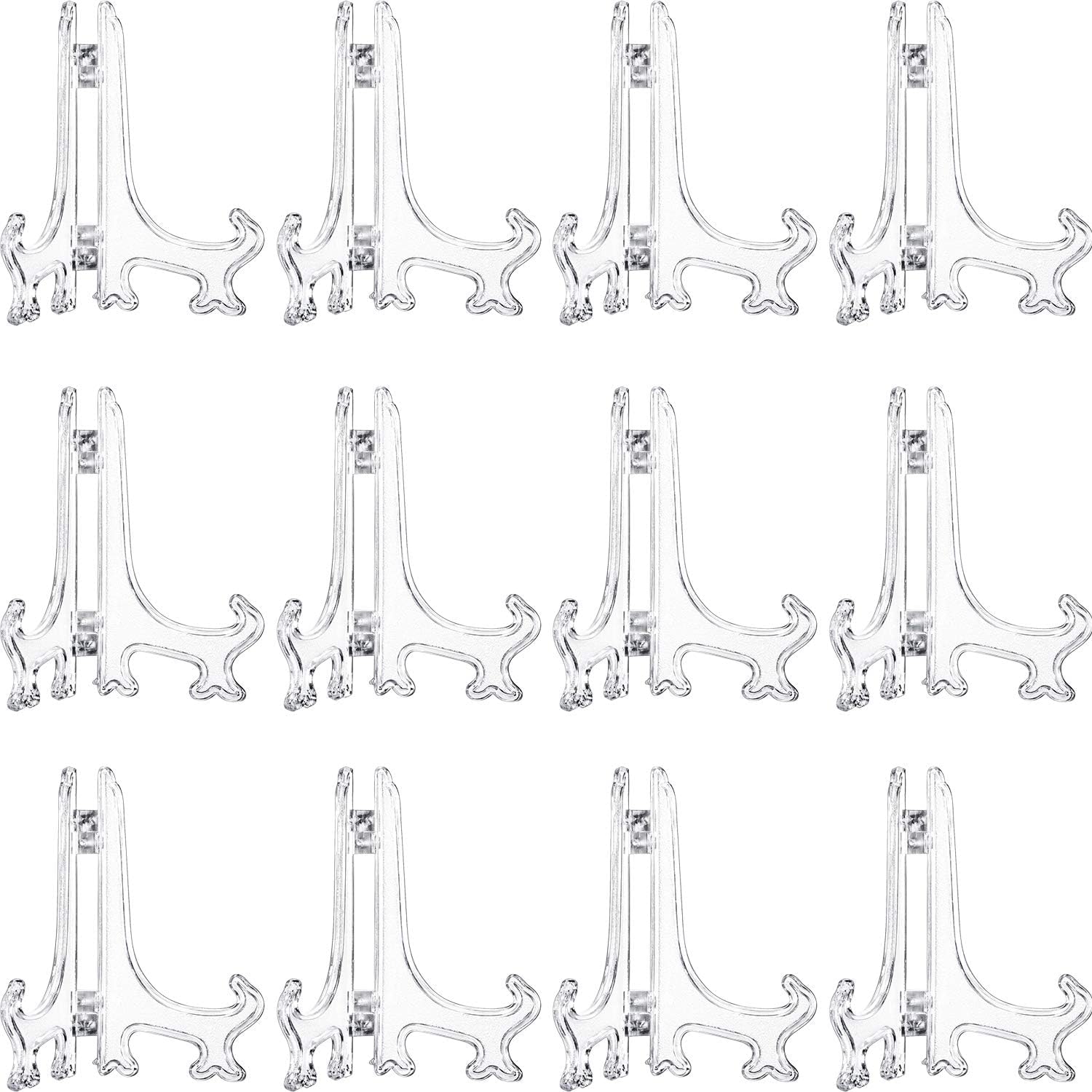 Photo 1 of Boao 12 Pack 6 Inches Plastic Easel Stand Clear Display Card Plate Stands Photo Holder Picture Frame Book or Other Items Easel for Home Tables Weddings Birthdays Decoration