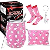 Sliner 4 Pcs Christmas Dental Assistant Hygienist Gifts Set 12 oz Pink Teeth Stainless Steel Tumbler Cosmetic Bag Tooth Shape Keychain Novelty Tooth Sock Dental Gifts for Dentist Nurse Graduation