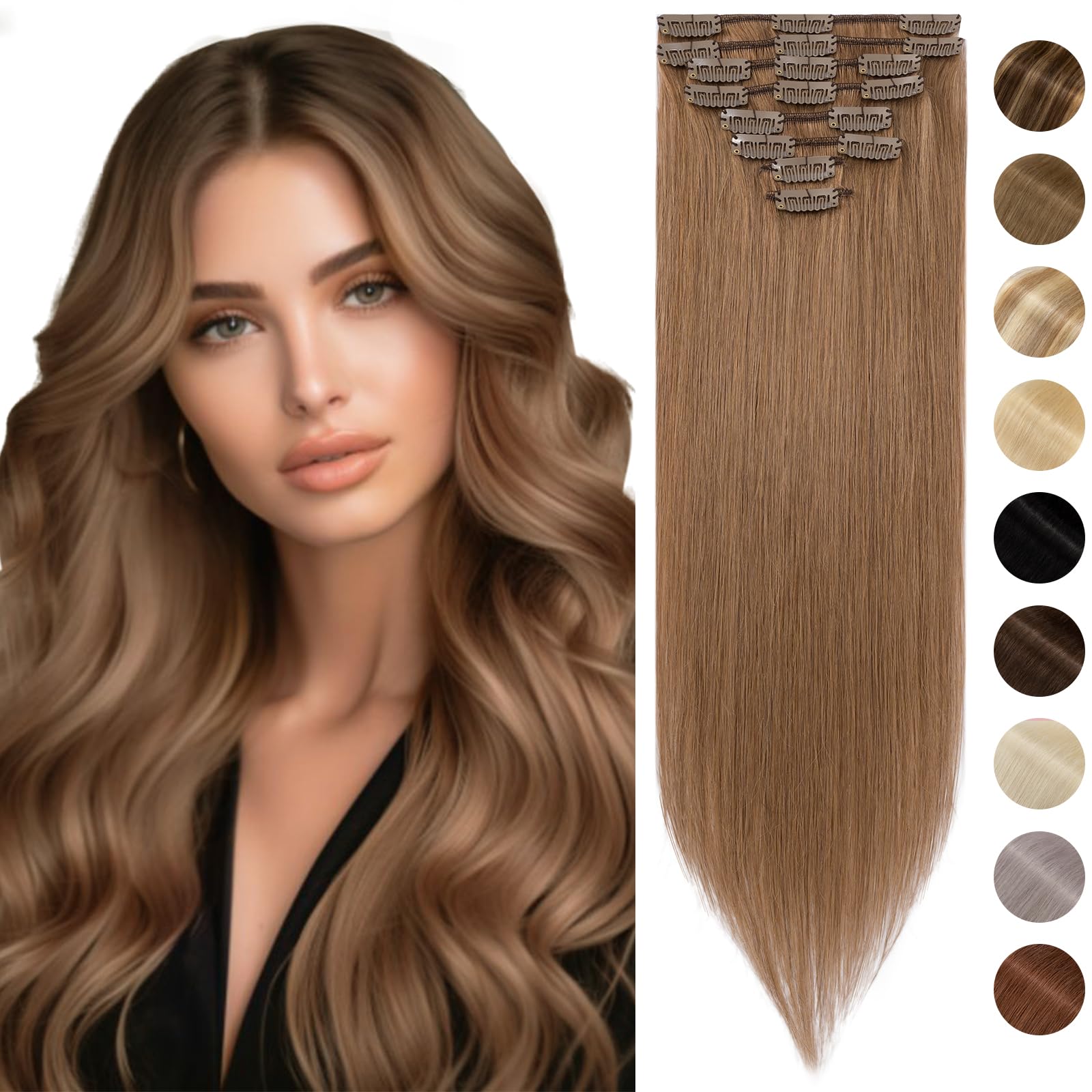 Silk-co Hair Extensions Clip in Hair Extension Human Hair (18 inches-70 grams, #30 Light Auburn) -Basic Thickness-Thin Weft- 8 PCS Real Remy Straight Hair Extensions — image 1