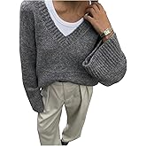 GORGLITTER Women's Oversized V Neck Sweater Chunky Long Sleeve Loose Fall Fashion Knitwear Pullover Tops