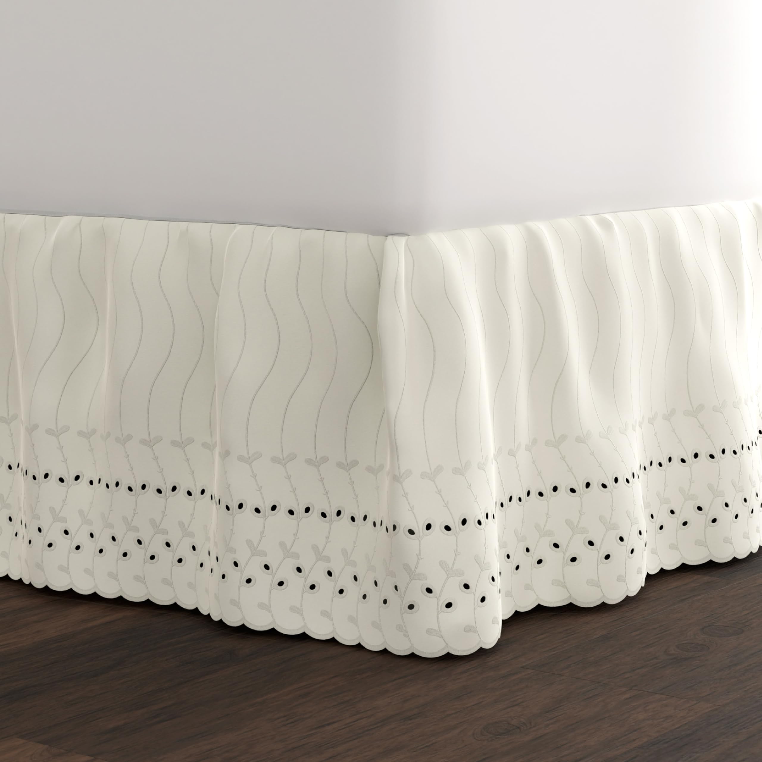 FRESH IDEAS Eyelet Bed Skirt Dust Ruffle Embroidered Details, Classic 14” Drop Length Gathered Styling, Twin, Ivory (FRE30014IVOR01)