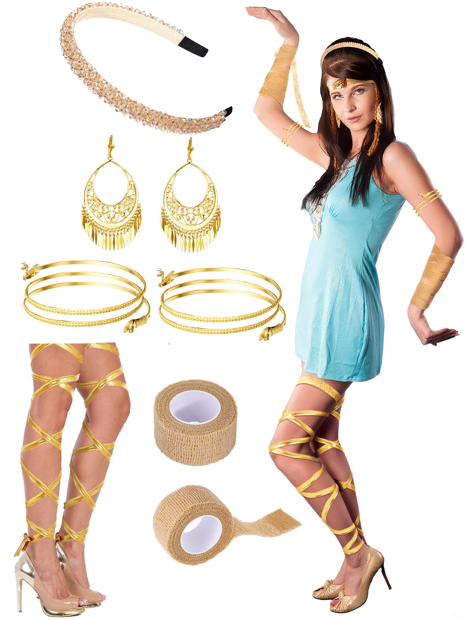 Photo 1 of 5 Pcs Halloween Egyptian Princess Costume Accessories for Women Includes Leg Straps Gold Swirl Snake Bracelets Earrings Diamond Headband Gauze for Adults Halloween Cosplay Party