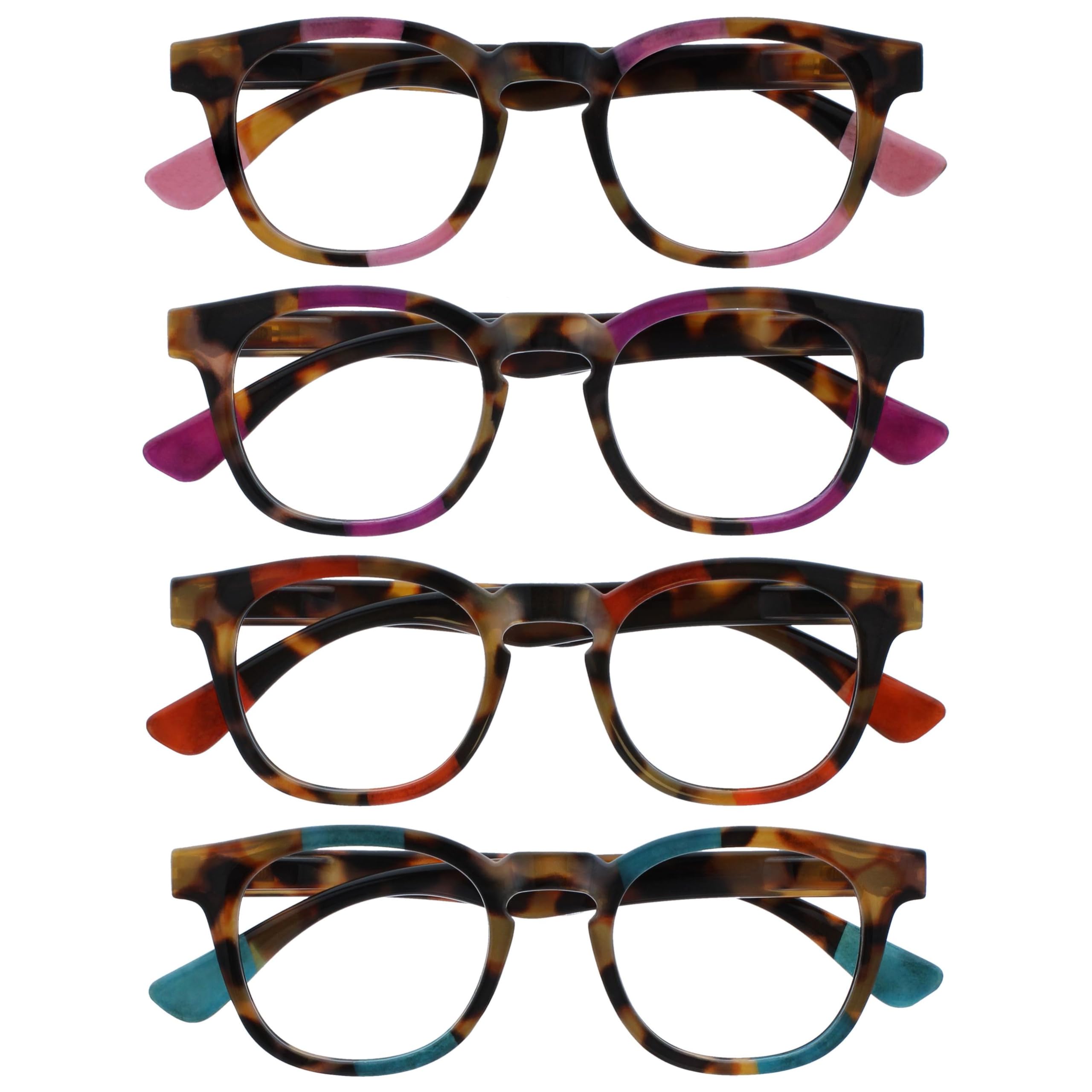 OPULIZE Ava Reading Glasses 4 Pack Flattering Rounded Frame Spring Hinges Scratch Resistant Brown Tortoiseshelll Pink Purple Red Turquoise Mens Womens RRRR62-45ZQ +2.00