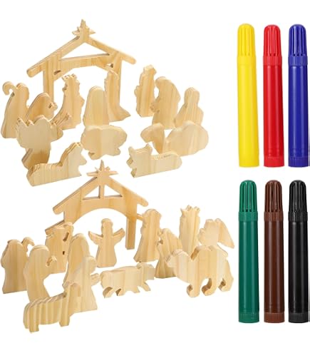 Kids Nativity Set JOHOO Kids Nativity Wooden Set, 12pcs First Christmas Story Decoration Holiday Manger Nativity Scene Playset For Indoor Home Display, Tabletop, Mantle Unpainted Nativity Set