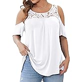 Plusashion Women's Plus Size Tops Cold Shoulder Dressy Casual Tunics Blouses Lace Summer Short Sleeve Shirts