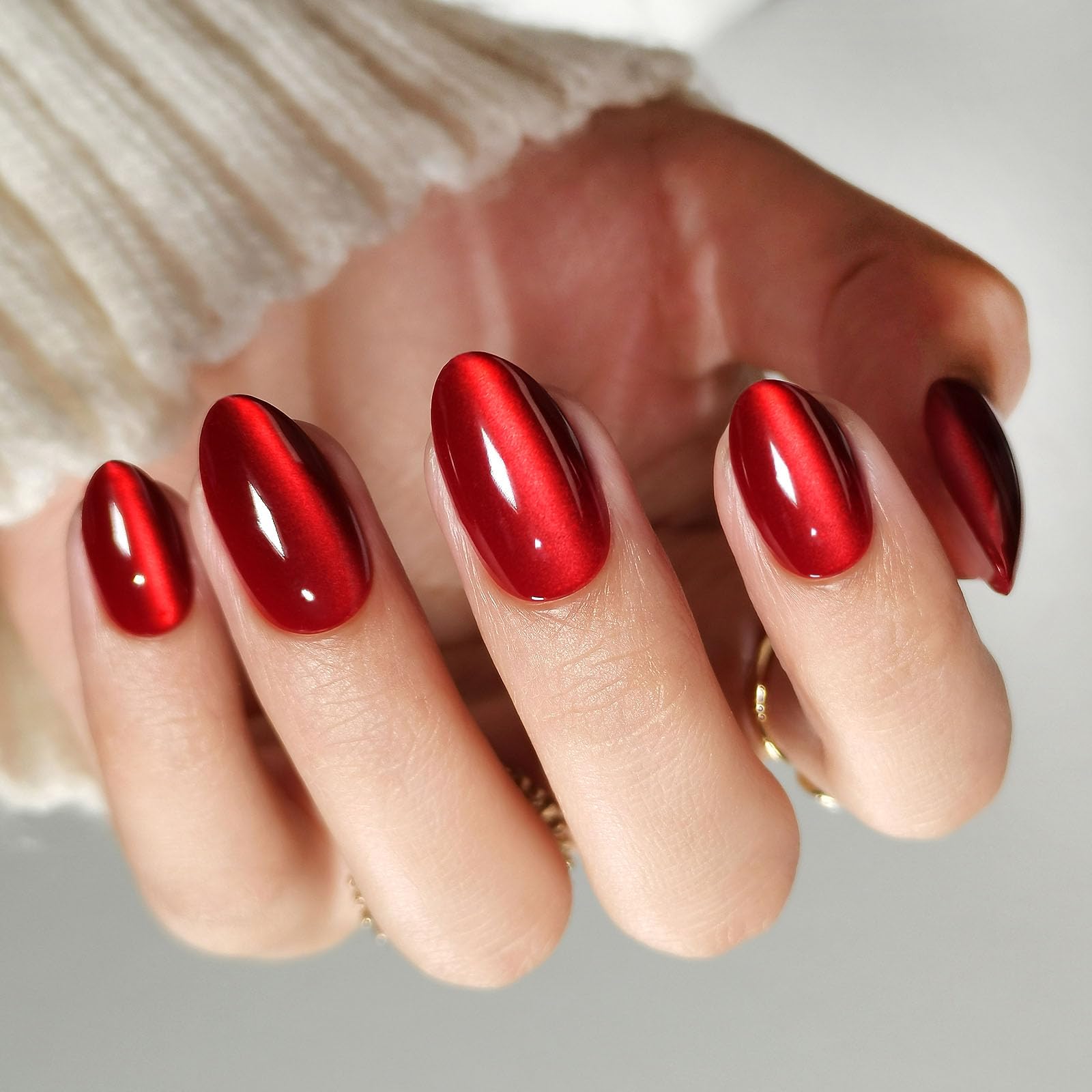 SHANGMENG Cat Eye Press on Nails Almond - Soft Gel Red Press on Nails Short for Women Gift, Fit Perfectly & Natural Stick on Nails with Glue in 16 Sizes - 32 Reusable Fake Nails, Wine Red - Image 9