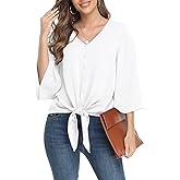 VIISHOW Women's Button V Neck Chiffon Tops 3/4 Bell Sleeve Tie Knot Casual Blouses Loose Summer Shirts
