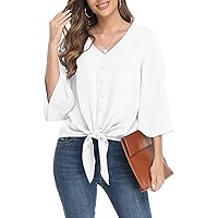VIISHOW Womens Floral V Neck Tie Knot Front Blouses Bat Wing