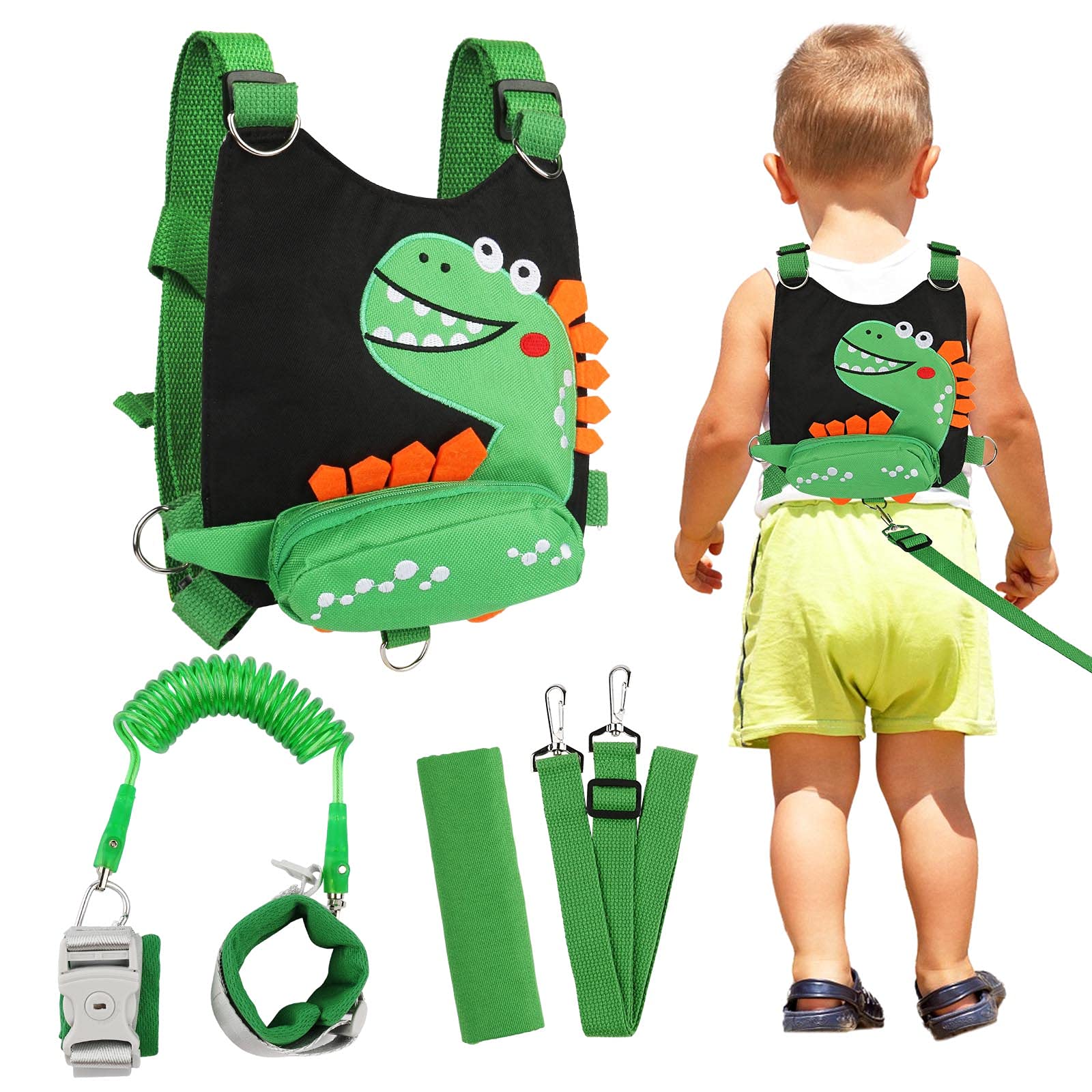 Toddler Backpack Leash Dinosaur 4-in-1 Anti Lost Wrist Link with Lock Harness Leashes for Kids, Zhiwei Child Safety Leash Wristband Walking Assistant Strap Belt for Baby Boys Girls (Black)