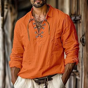 Men's Lace-Up Shirt Casual Long Long Sleeve Cotton Blend Blouses Textured Loose Beach Vacation Tunic Tops
