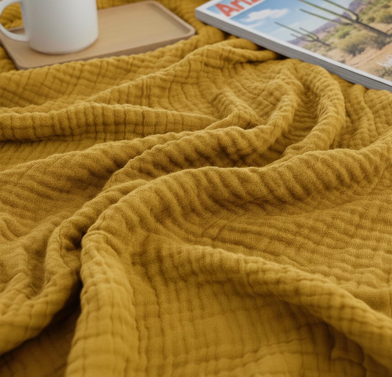 KyraHome100% Organic Cotton 55"x60" Muslin Throw Blanket for Couch Adults, Pre-Washed Plant & Hand Dyed Breathable Soft, Cozy, Lightweight Summer Blanket with Fringe, All Season (Mustard Yellow)