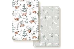 GRSSDER Stretchy Ultra Soft Jersey Knit Fitted Pack and Play Sheets Set 2 Pack, Portable/Mini Crib Sheets Safe and Snug Fitted for Boys and Girls, Cute Bear and Wolf Pattern