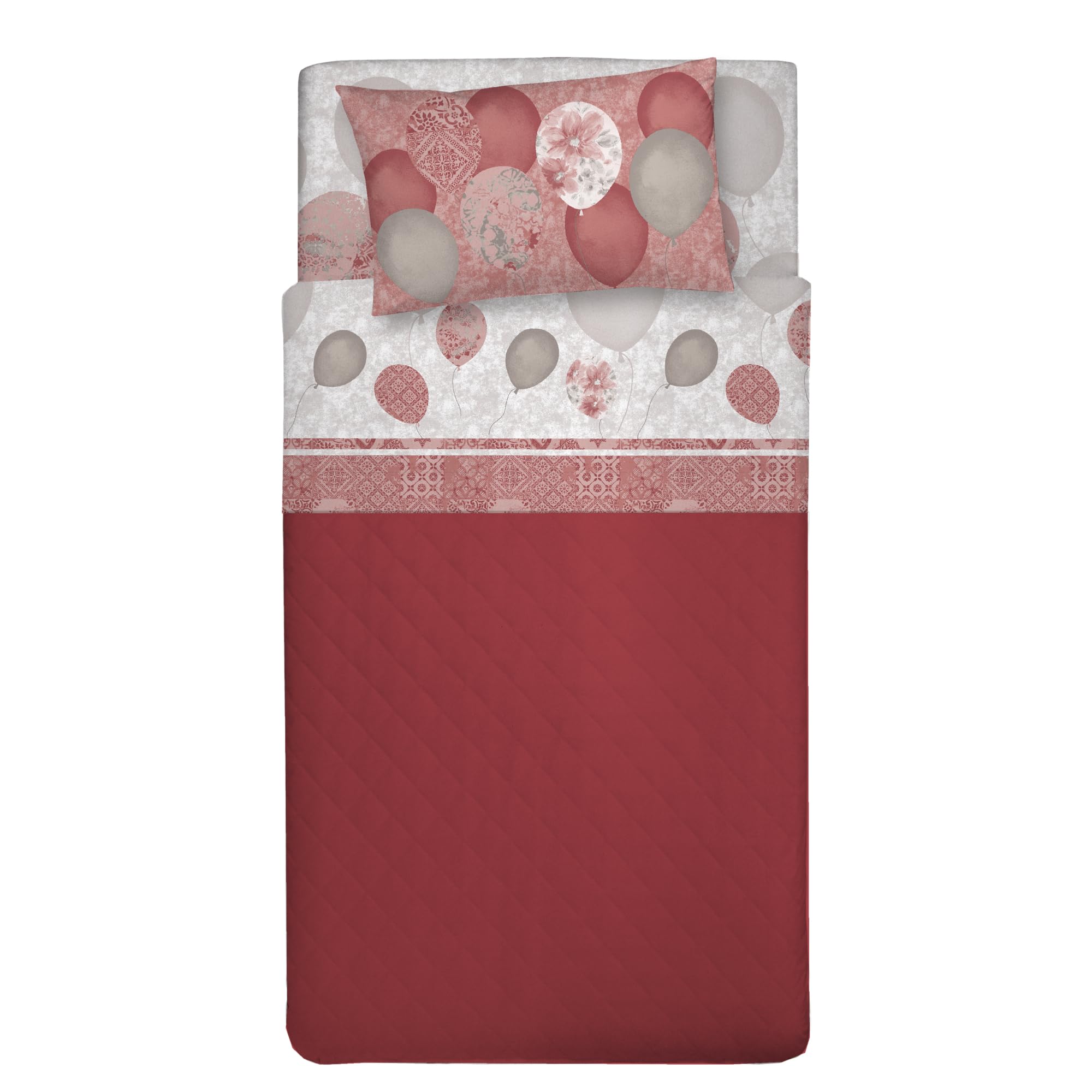 PENSIERI DELICATI Single Bed Sheet Set, 100% Cotton, 90 x 200 cm Single Bed Sheet Set, Includes Bottom Sheet, Top Sheet and 1 Pillowcase, Made in Italy, Red Balloons Pattern