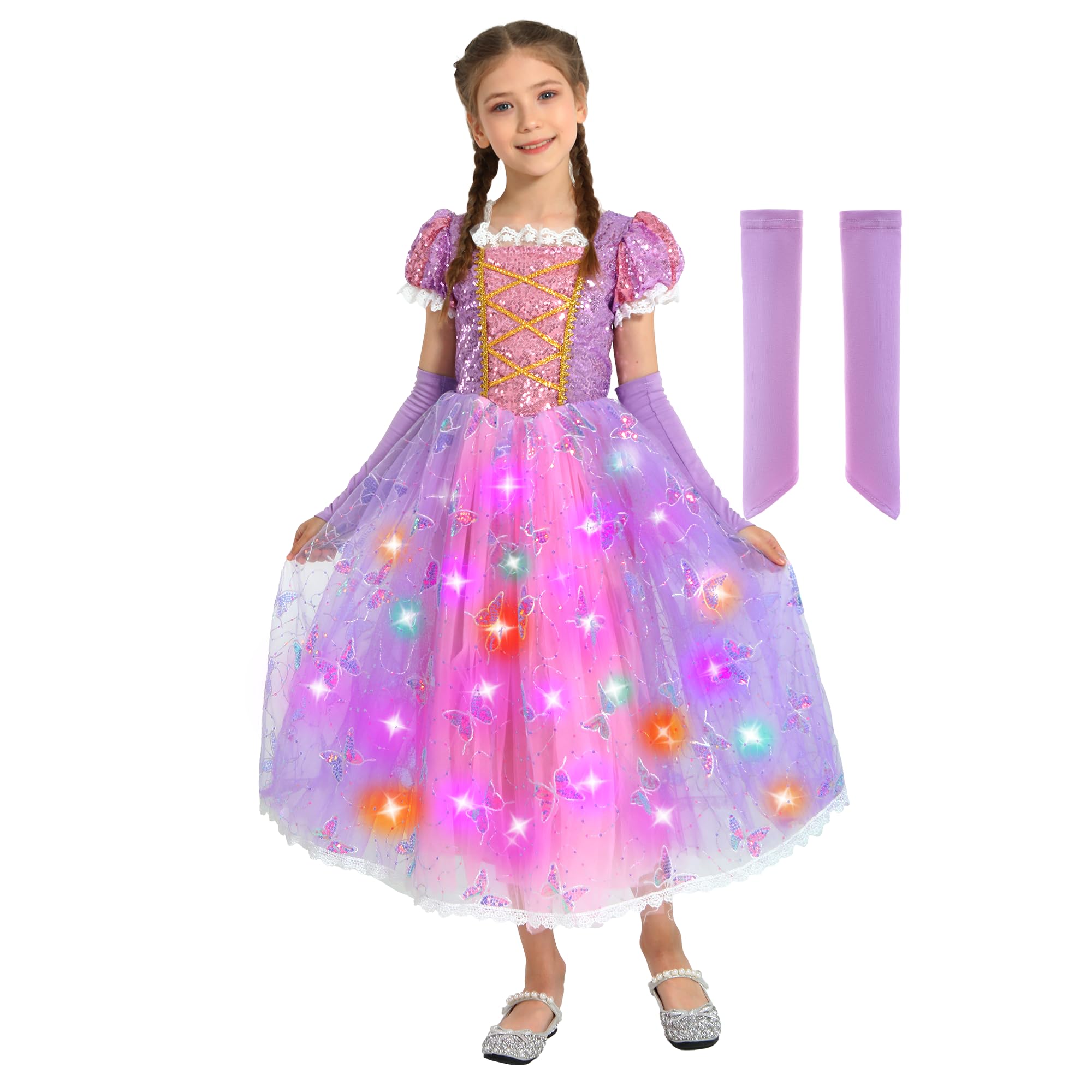 Sincere Party Deluxe Light Up Purple Rapunzel Dress,Luxury Princess Costume Dress for World Book Day,Halloween and More,3-4years