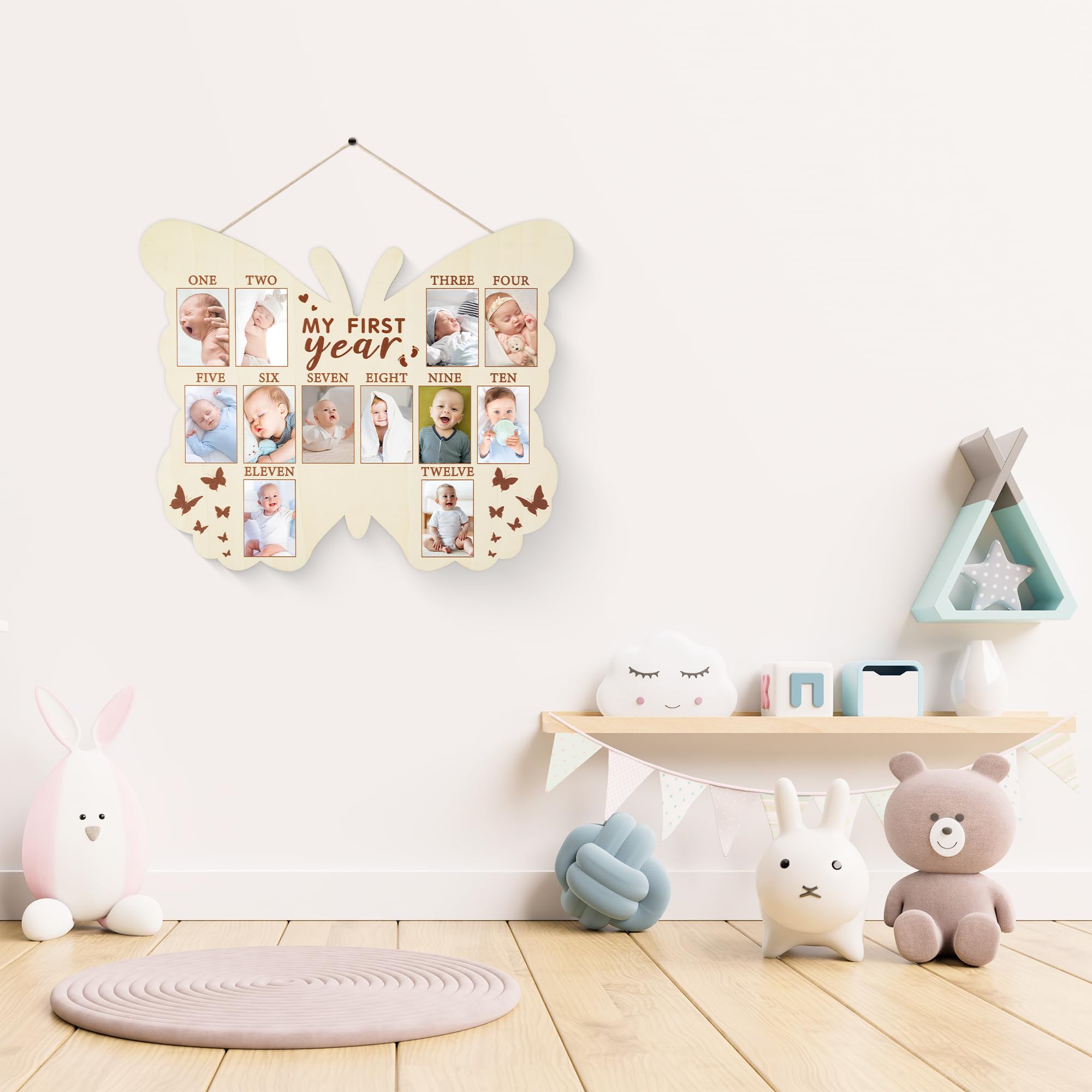 R HORSE My First Year Photo Display Wood Board, Butterfly Shape 1st Birthday Photo Frame, Baby’s First Year Picture Frame, 12 Months Milestone Board Baby Keepsake Board Nursery Decor Gift for Boy Girl
